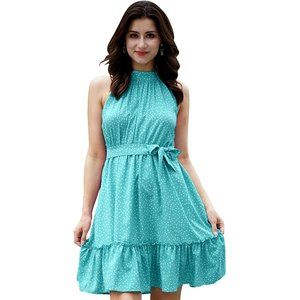 Mycomily Women’s Medium Halter Neck Floral Summer Sudress Sleeveless Casual Dres